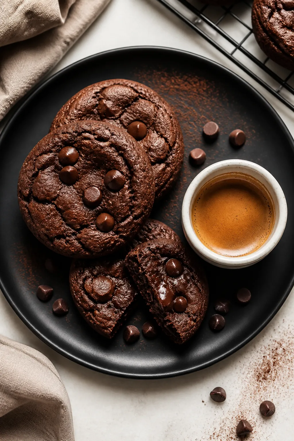 Overhead final presentation of a small stack of low-carb double chocolate cookies on a matte black d
