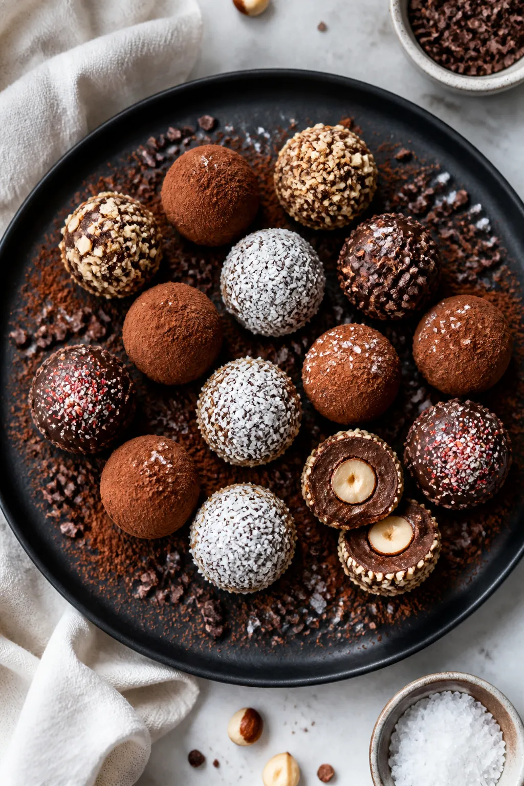 Overhead final presentation of an assorted keto chocolate truffle platter: an elegant matte black pl