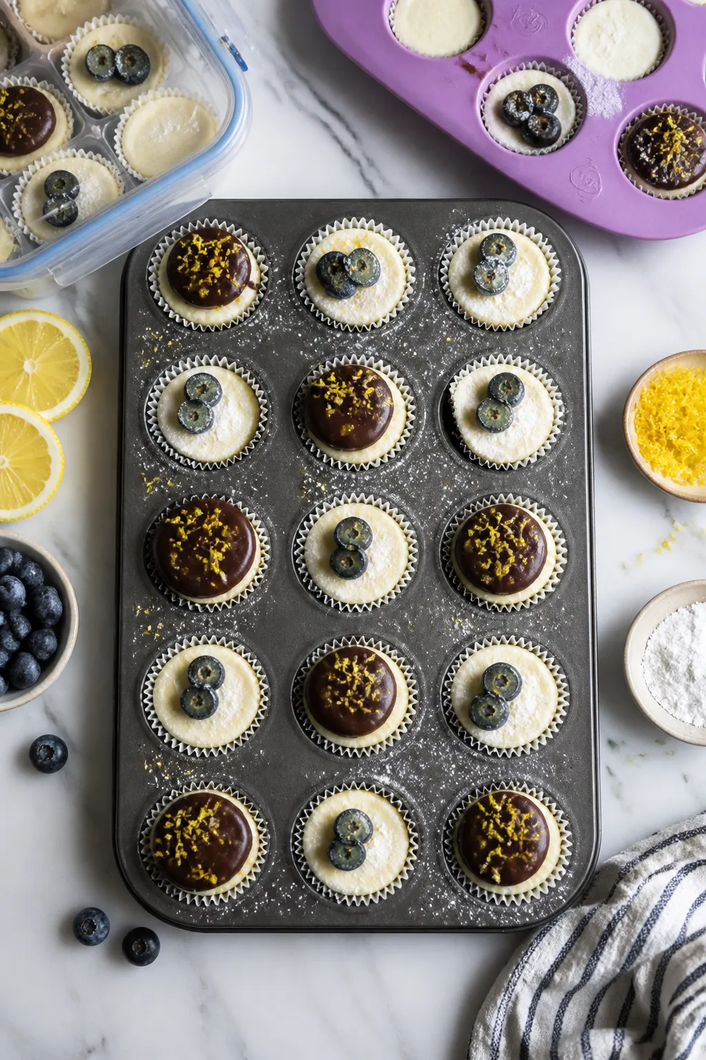 Overhead final presentation of assorted keto blueberry cheesecake fat bombs portioned in a mini muff