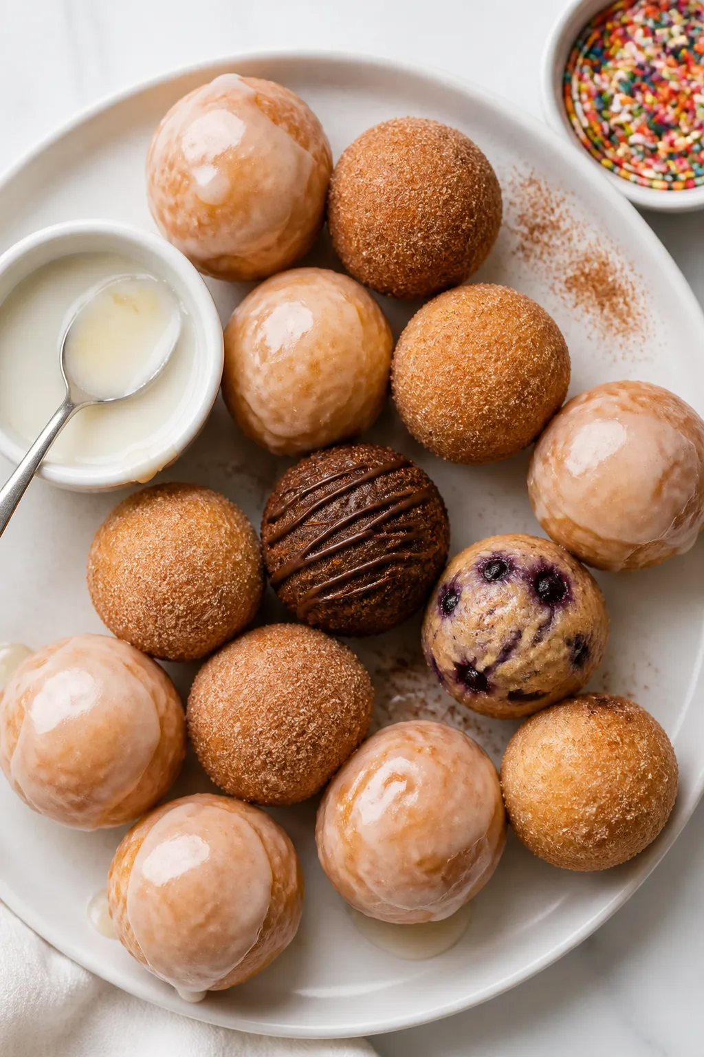 Overhead final presentation of assorted protein donut holes on a matte white platter: half lightly g