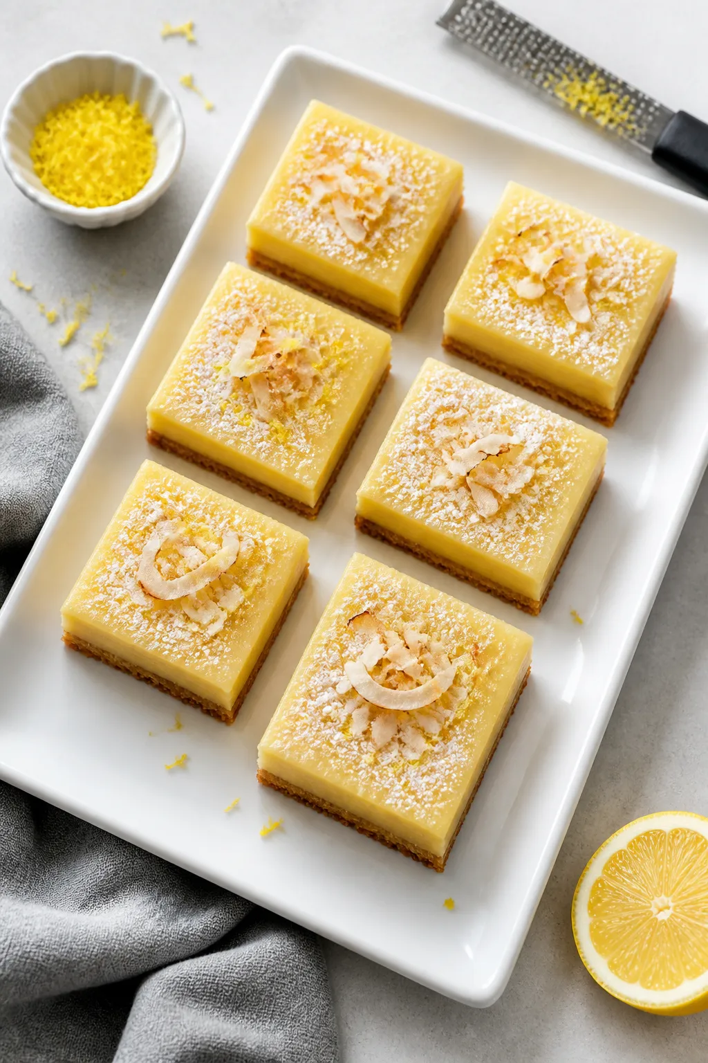 Overhead final presentation of chilled lemon coconut cream bars neatly arranged on a white rectangul