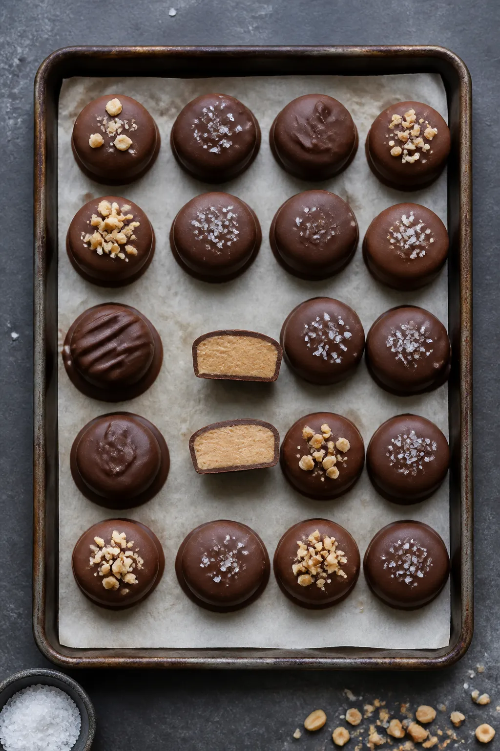 Overhead final presentation of finished Keto Chocolate Covered Peanut Butter Fat Bombs arranged in a
