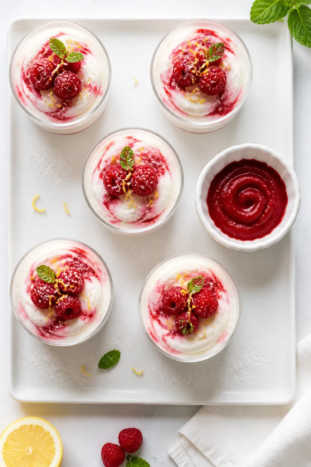 Overhead final presentation of individual mousse cups arranged on a matte white tray, emphasizing th