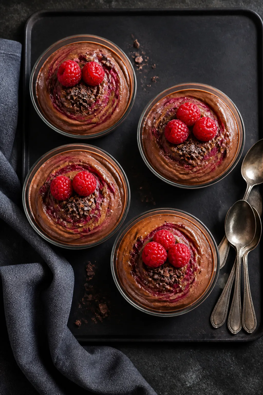 Overhead final presentation of Keto Chocolate Raspberry Mousse in four small glass ramekins: silky c