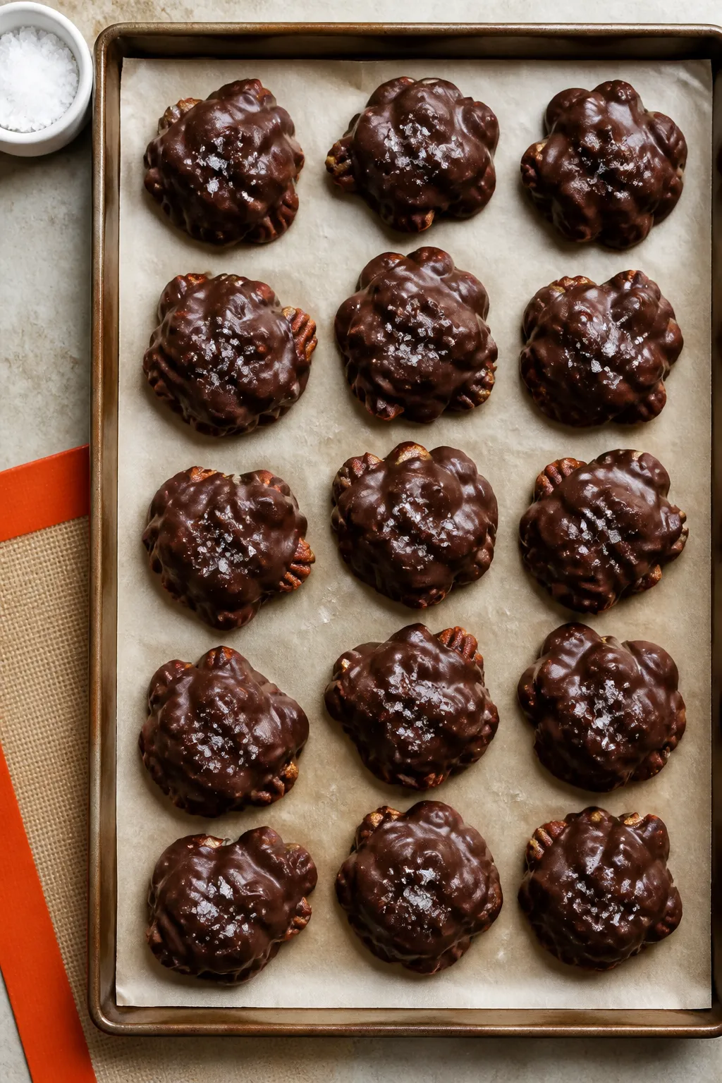 Overhead final presentation of Keto Dark Chocolate Pecan Clusters arranged in a neat grid on a parch
