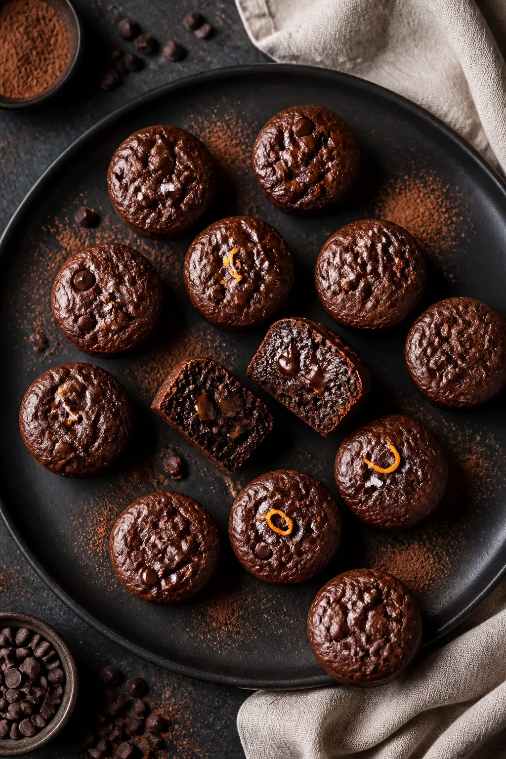 Overhead final presentation of keto triple chocolate brownie bites arranged on a matte charcoal plat