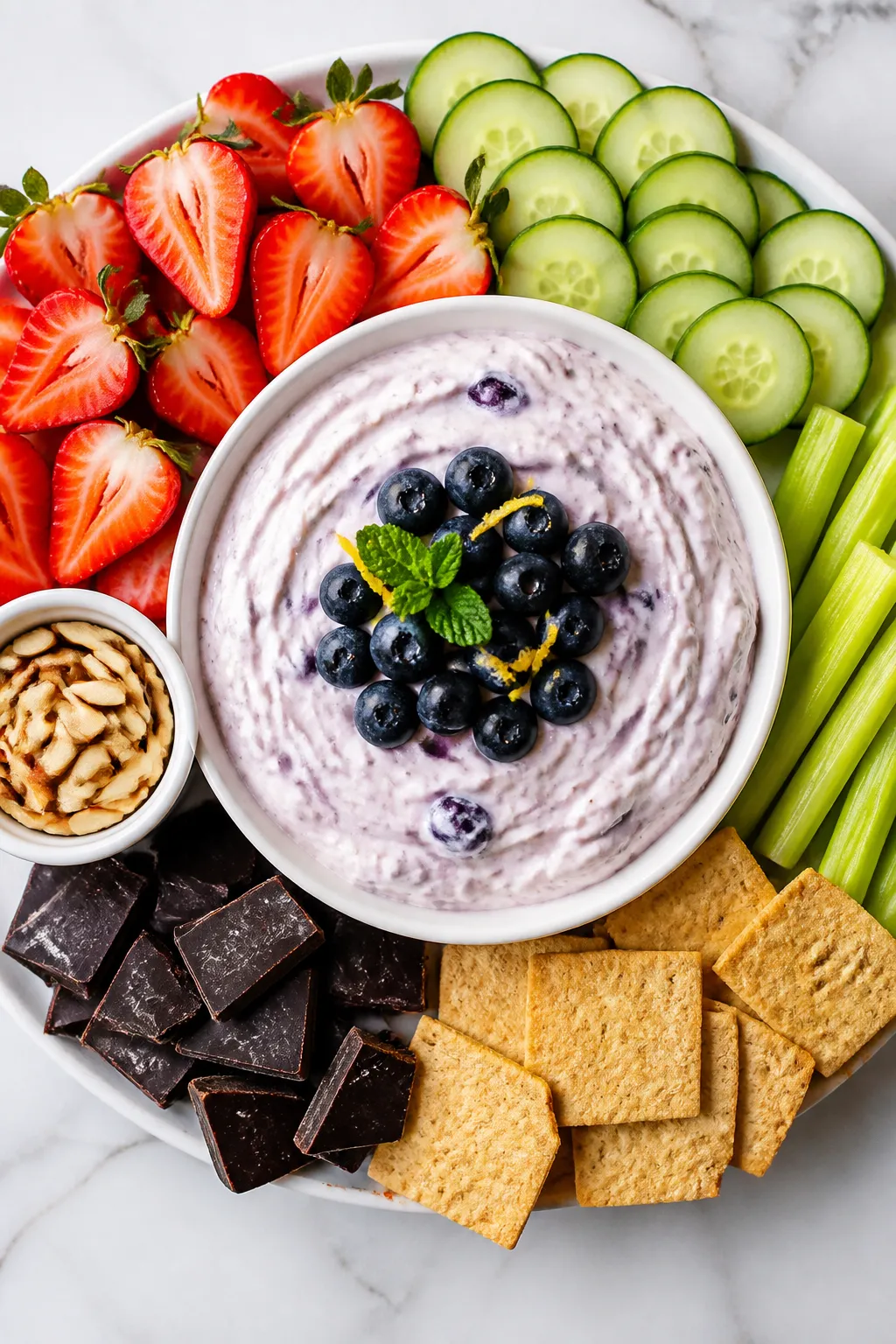 Overhead final presentation of Low Carb Blueberry Cheesecake Dip as a party spread: dip mounded in a