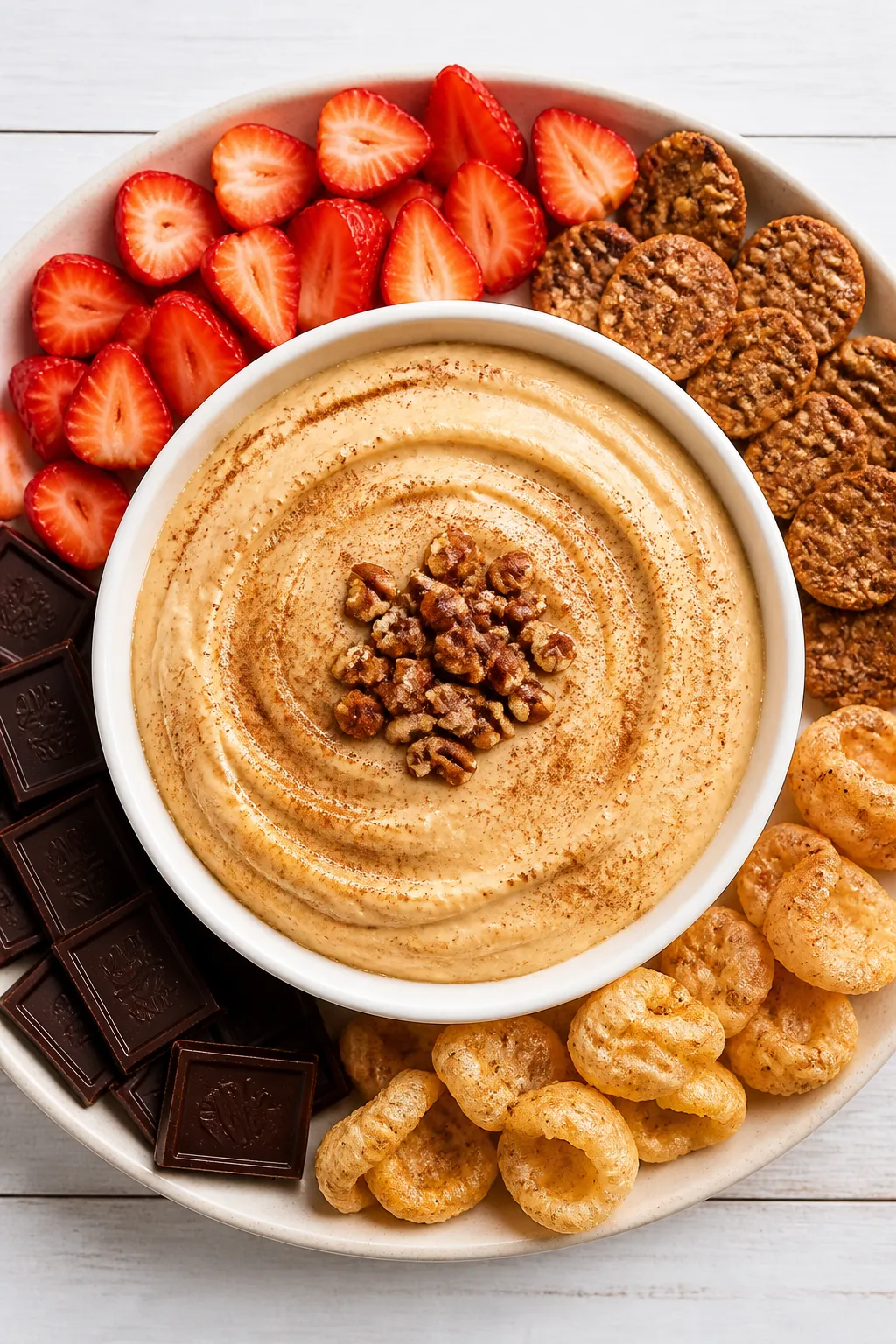 Overhead final presentation of Low Carb Pumpkin Cheesecake Dip in a low, wide white bowl, topped wit