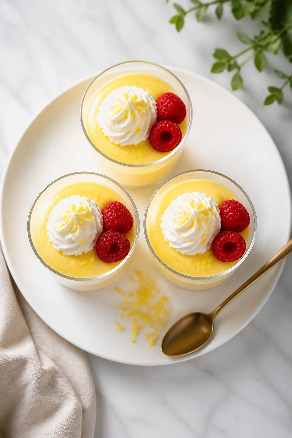 Overhead final presentation of set lemon mousse in petite glass cups on a matte white plate, topped 