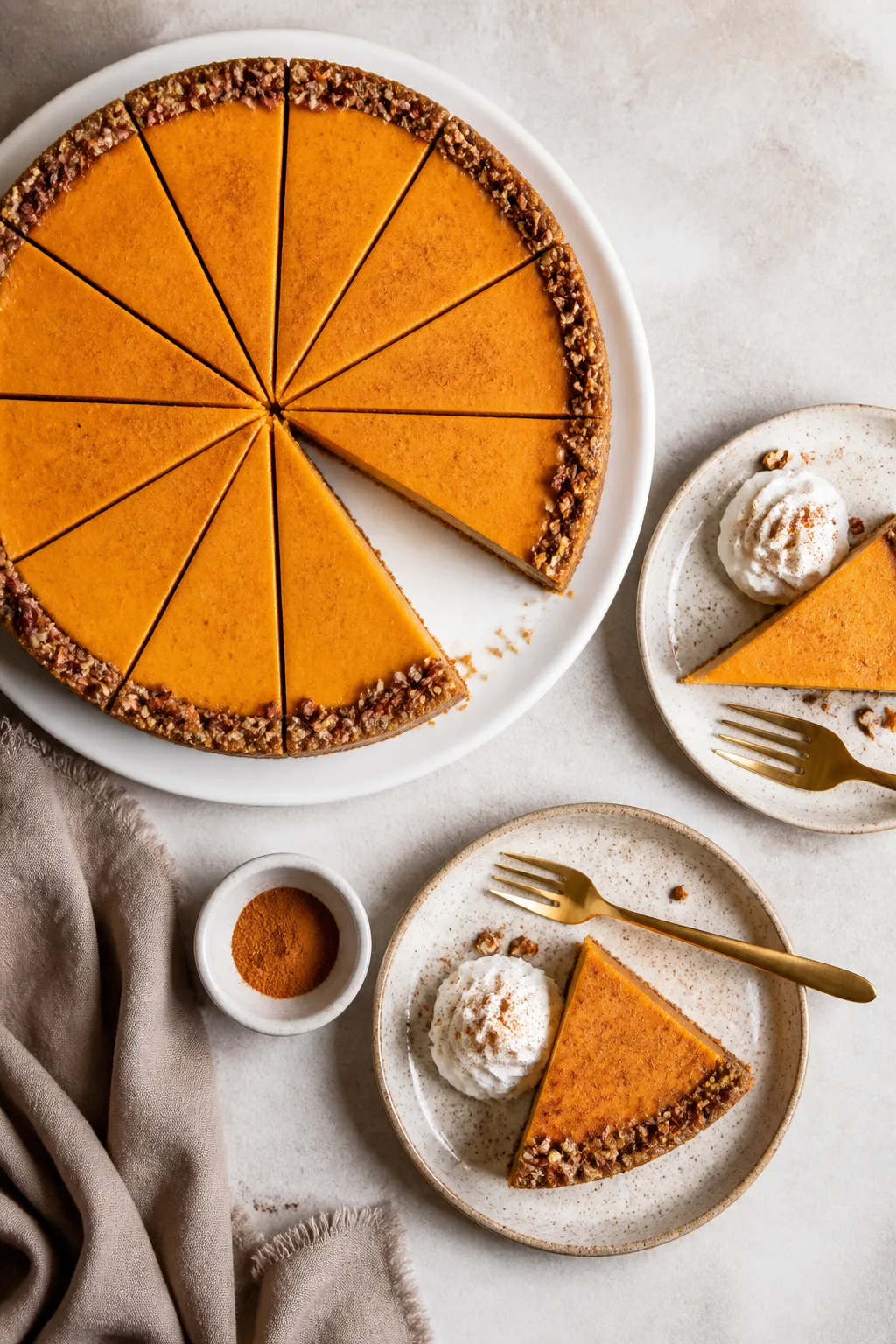 Overhead final presentation of sliced low carb pumpkin protein cheesecake on a matte white platter: 