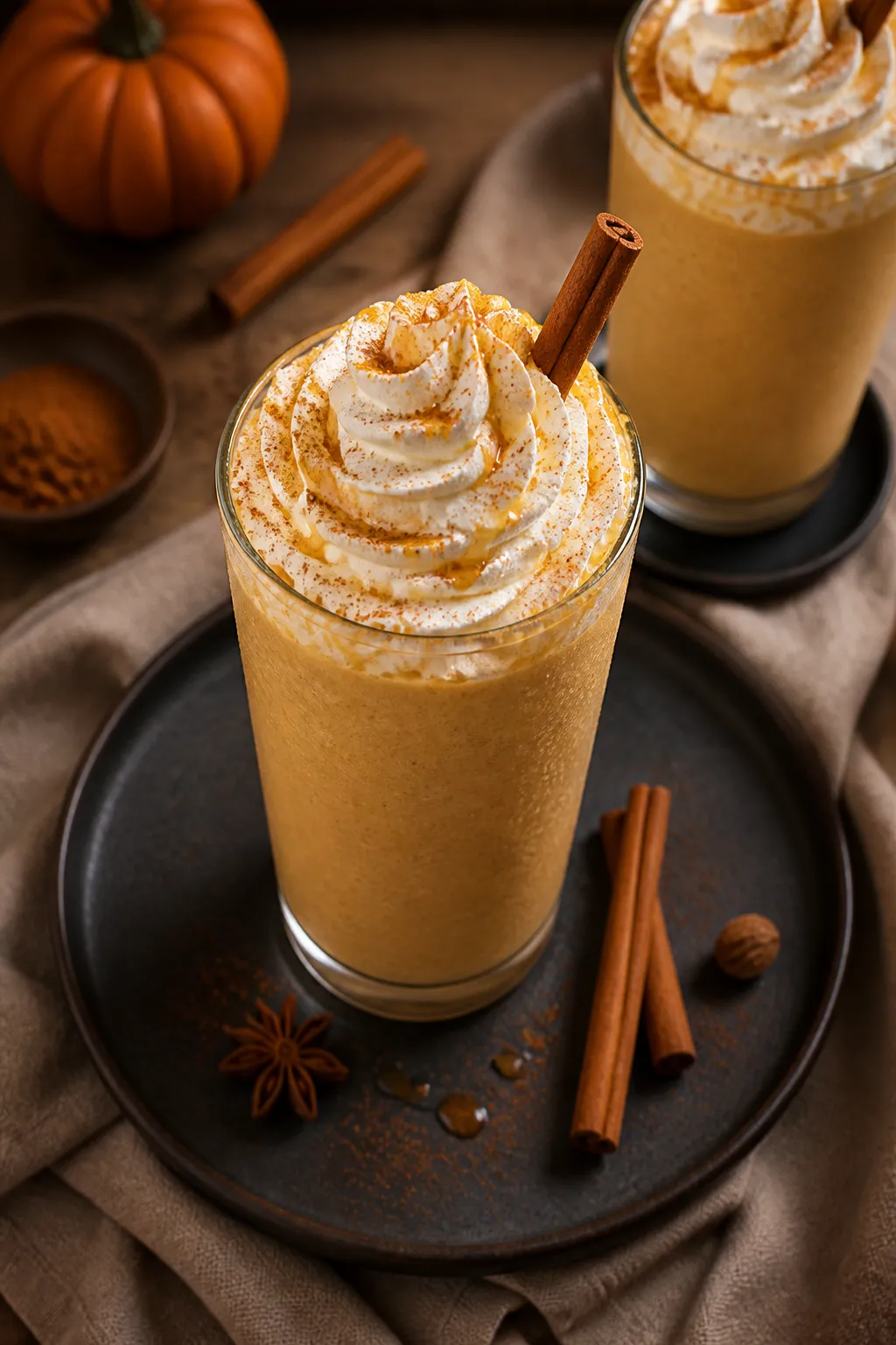Overhead final presentation of the Low Carb Pumpkin Pie Milkshake in a clear highball glass topped w