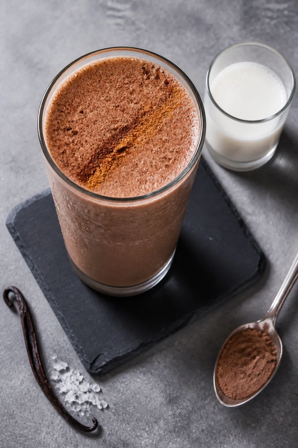 Overhead final presentation of the protein coffee smoothie served in a tall clear glass on a matte s