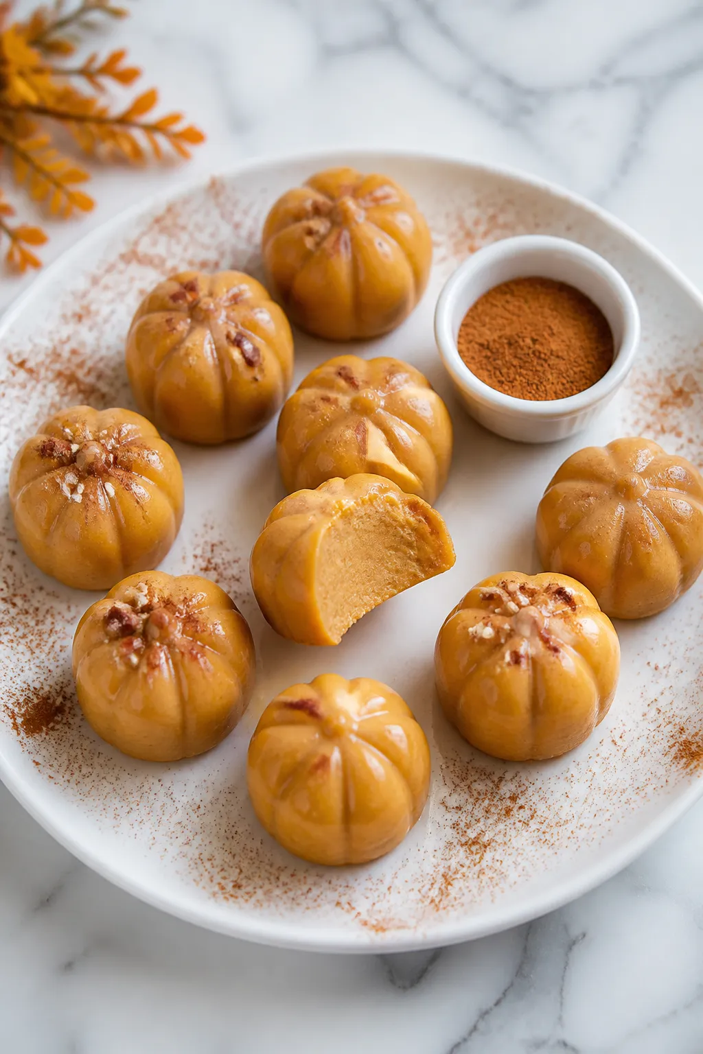 Overhead “final presentation” shot: Neatly arranged pumpkin pie fat bombs unmolded from silicone