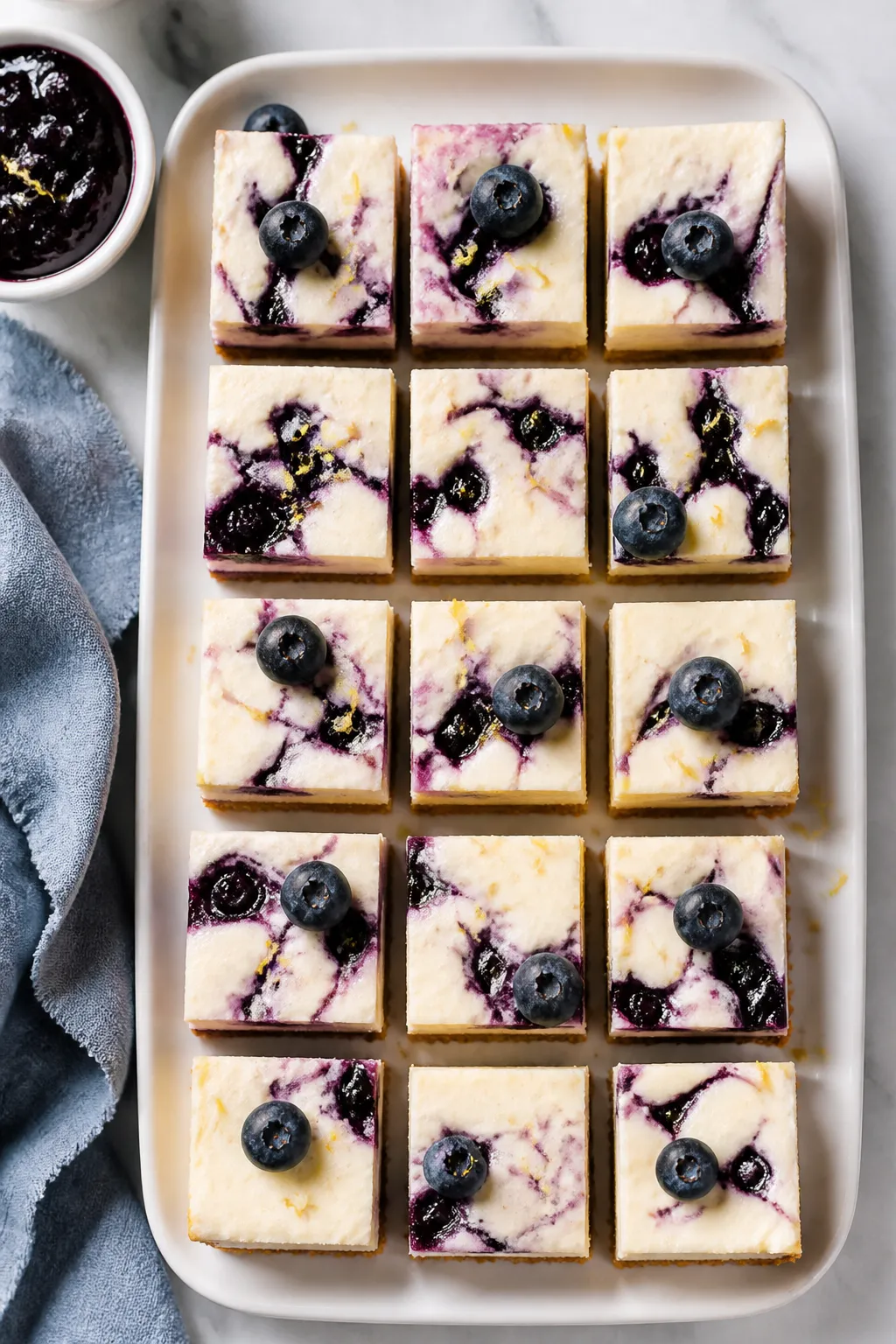 Overhead final presentation shot of neatly sliced cheesecake bars on a matte white platter: 12–16 