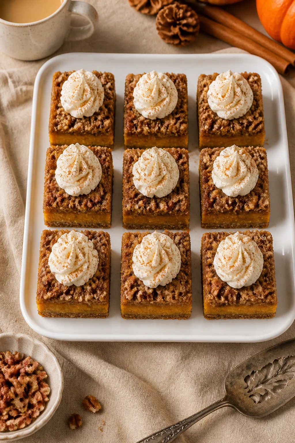 Overhead, final presentation shot of plated Keto Pumpkin Crunch Cake squares arranged on a matte whi