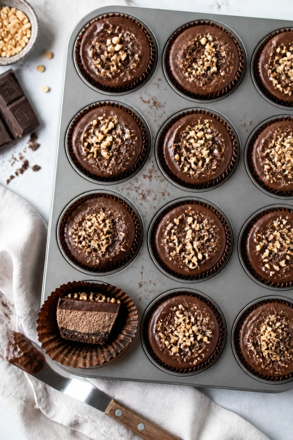 Overhead final presentation: Tasty of a tray of finished Keto Chocolate Peanut Butter Mousse Cups in