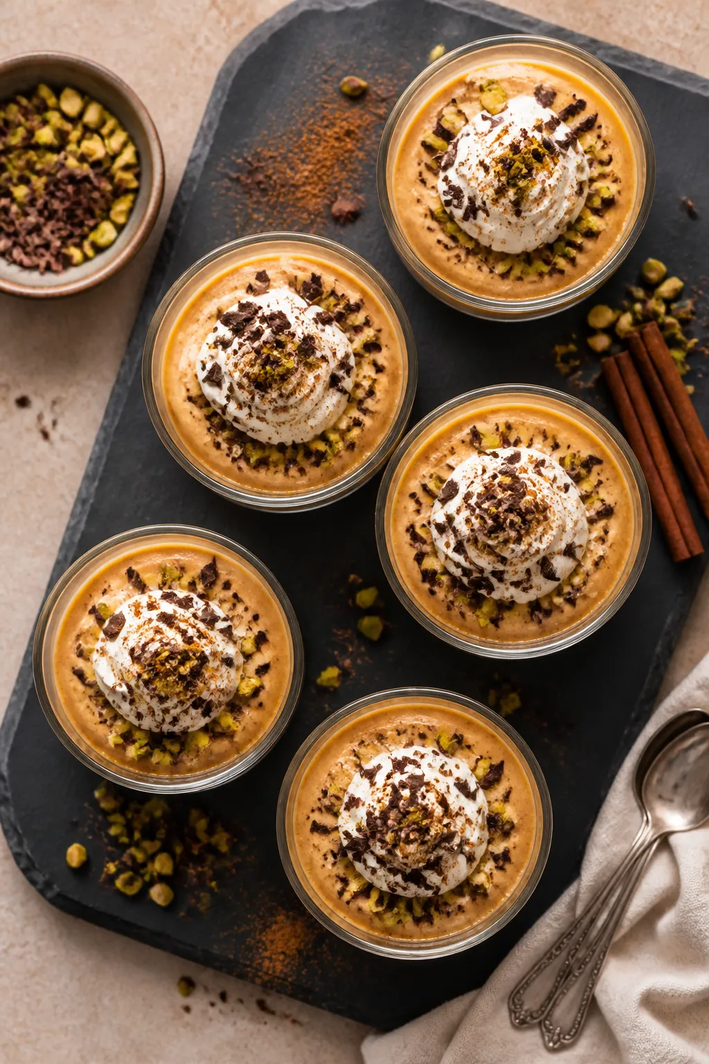 Overhead final presentation: Tasty top view of assembled pumpkin cannoli cream cups served in small 