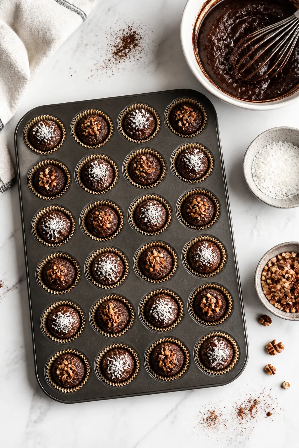 Overhead process shot of the mixture being portioned into a lined mini muffin tin: thick, scoopable 