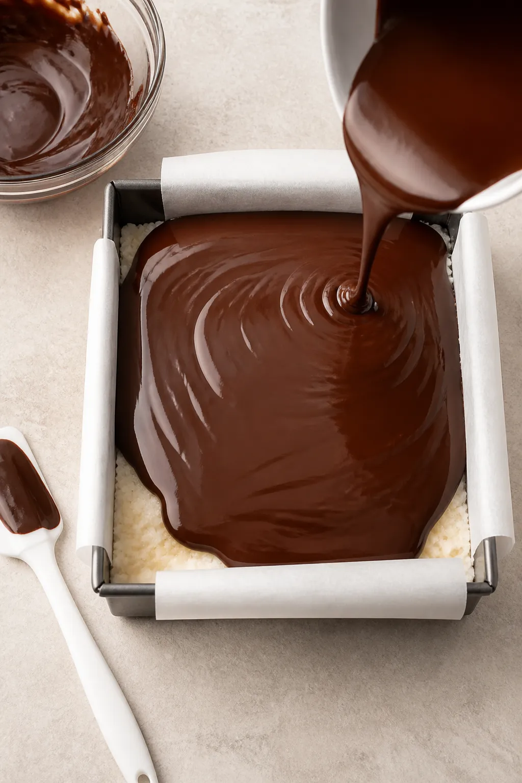 Overhead process shot of the pan just after glazing: the chilled cheesecake layer in an 8-inch squar
