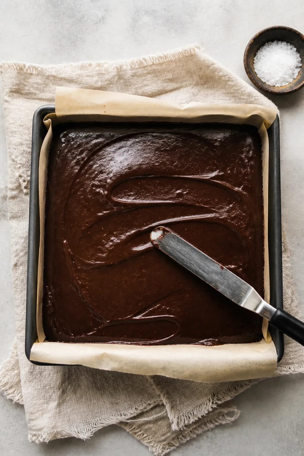 Overhead process shot of the thick, shiny brownie batter being smoothed with an offset spatula in a 