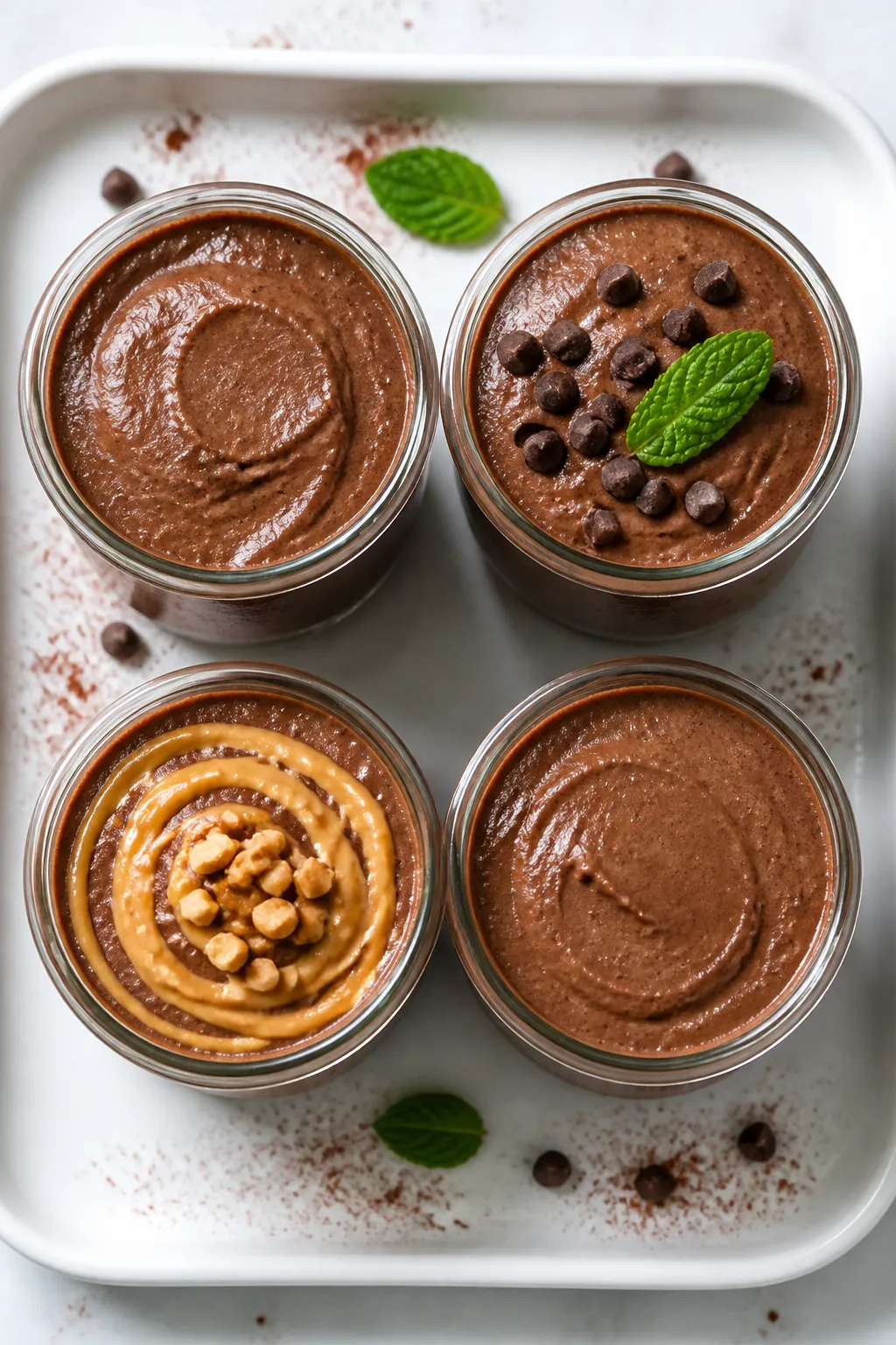 Overhead process-to-serve transition: Tasty of four small prep jars filled with freshly blended choc