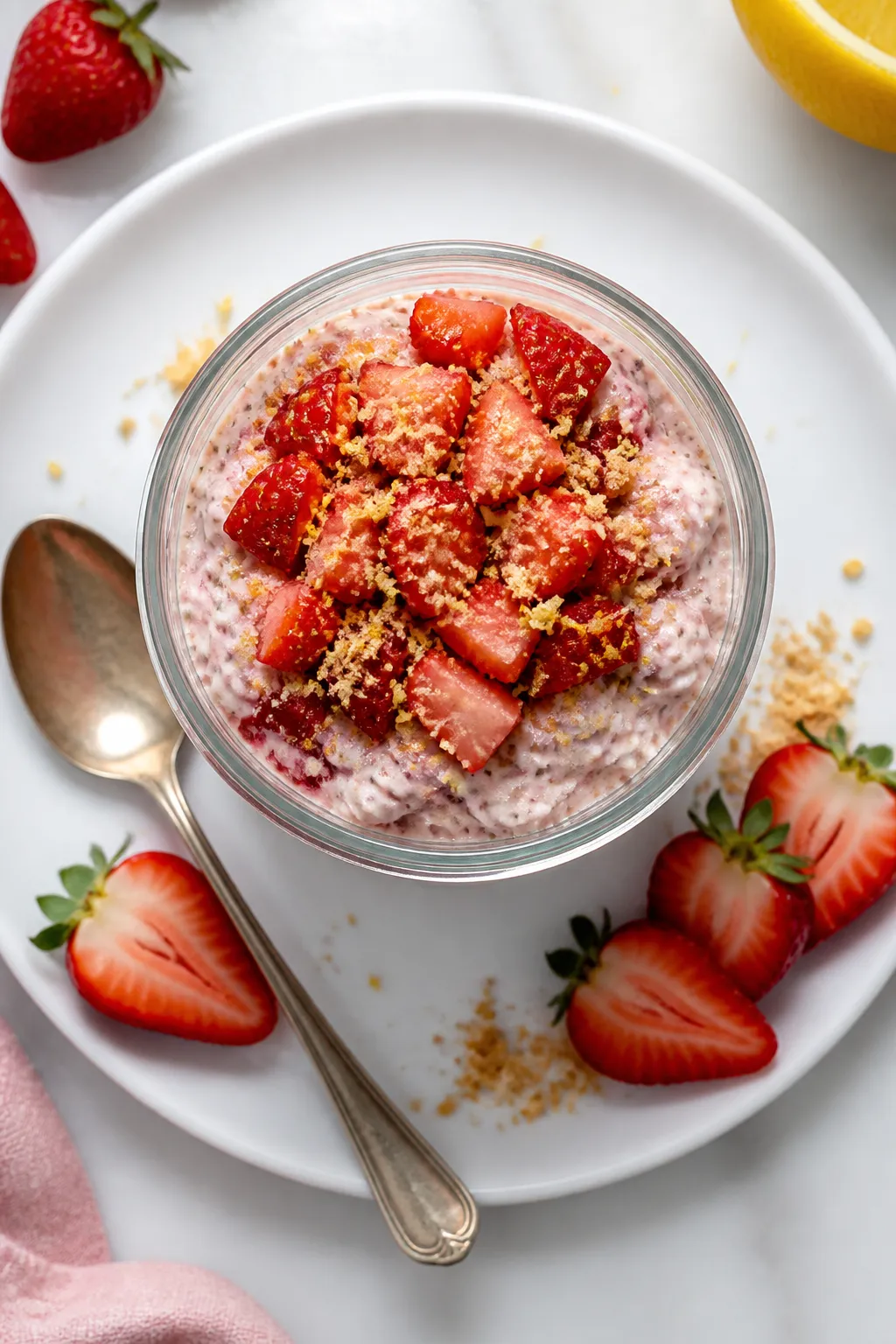 Overhead shot of a chilled jar of High Protein Strawberry Cheesecake Overnight Oats just before serv