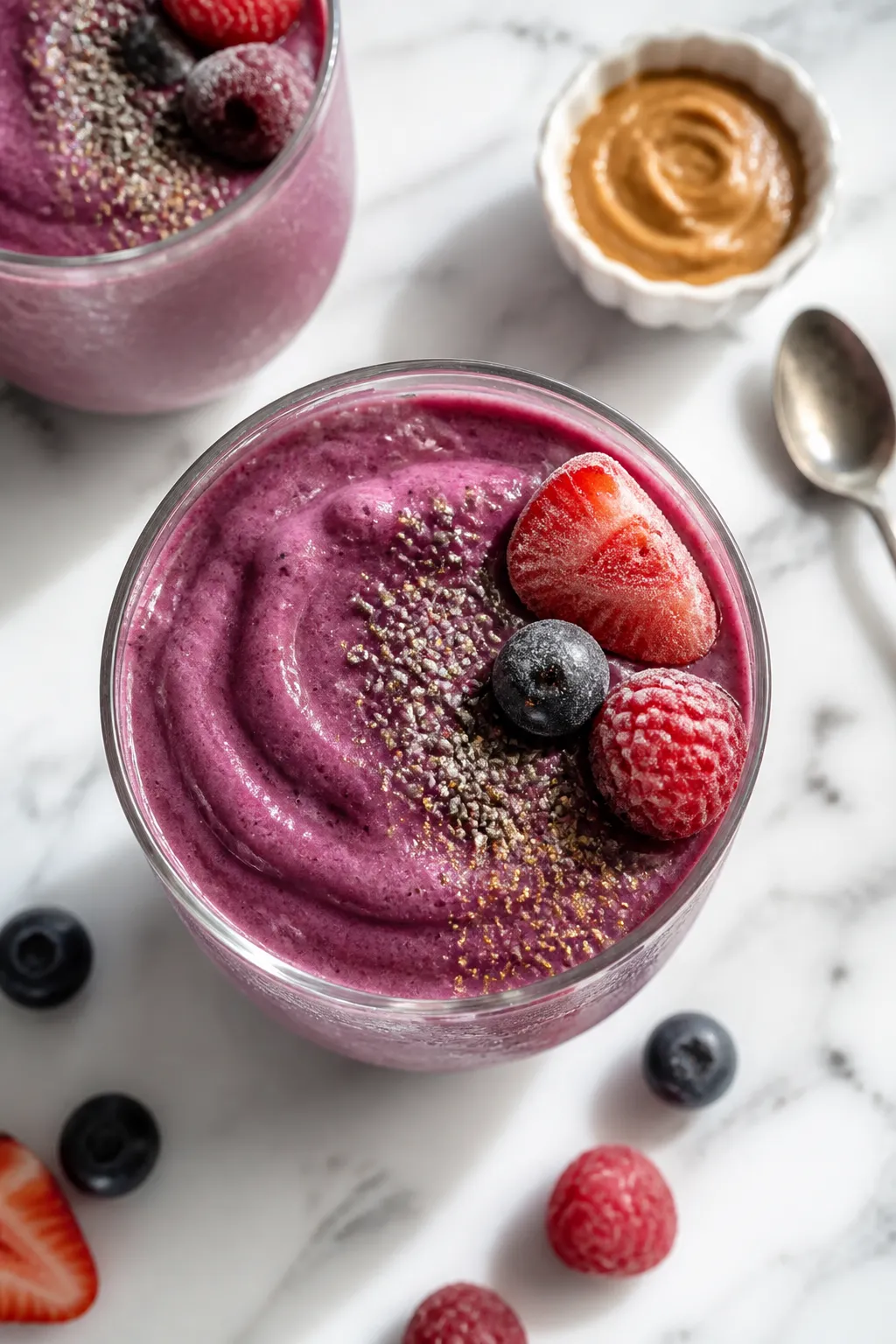 Overhead shot of a finished High Protein Berry Smoothie poured into a chilled, clear glass, thick an