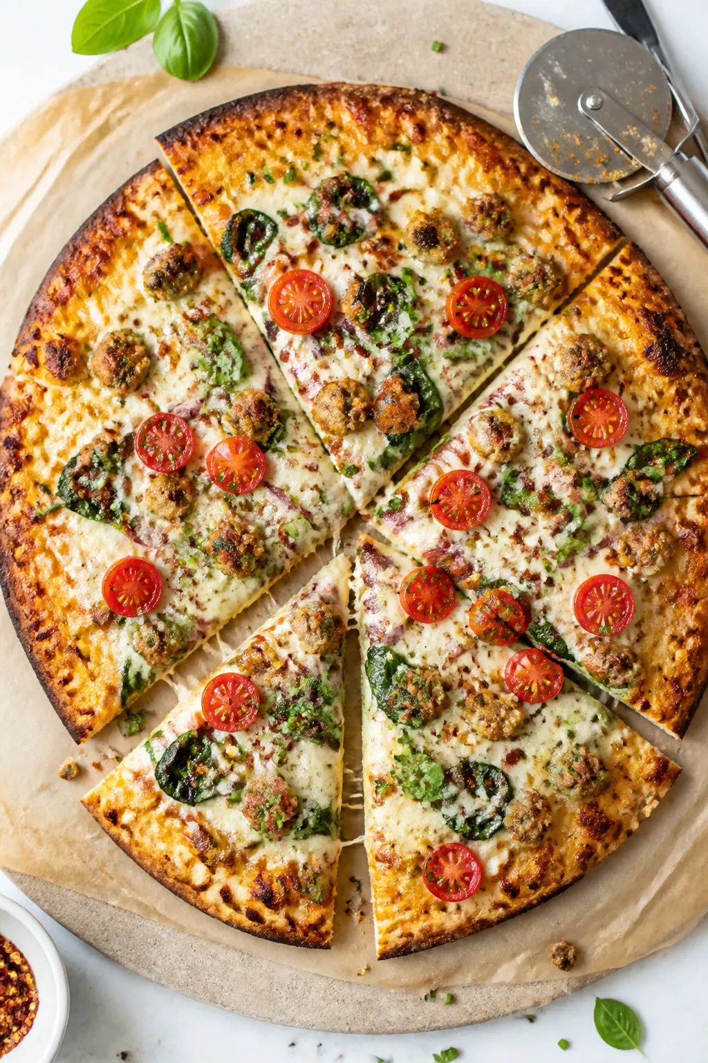 Overhead shot of a freshly baked Cottage Cheese Breakfast Pizza on a preheated pizza stone, golden c