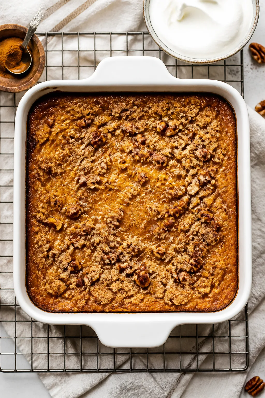 Overhead shot of a freshly baked Keto Pumpkin Cobbler in an 8x8-inch baking dish on a wire rack, gol