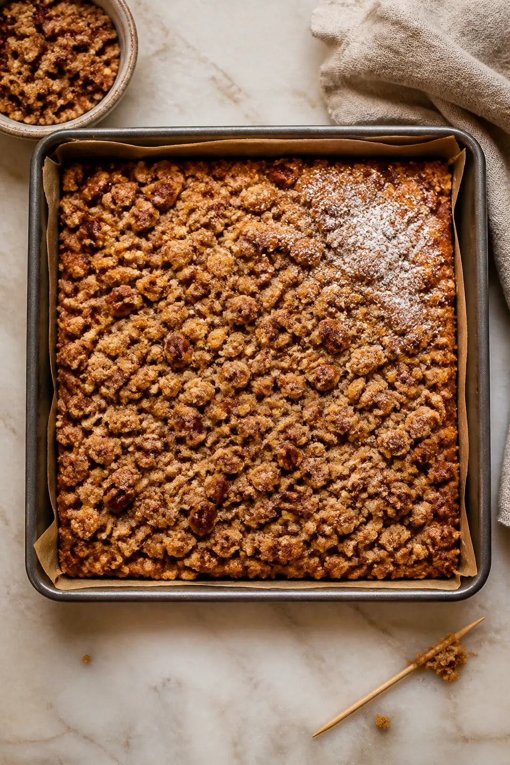 Overhead shot of a freshly baked low carb pumpkin crumb cake in an 8-inch square pan lined with parc