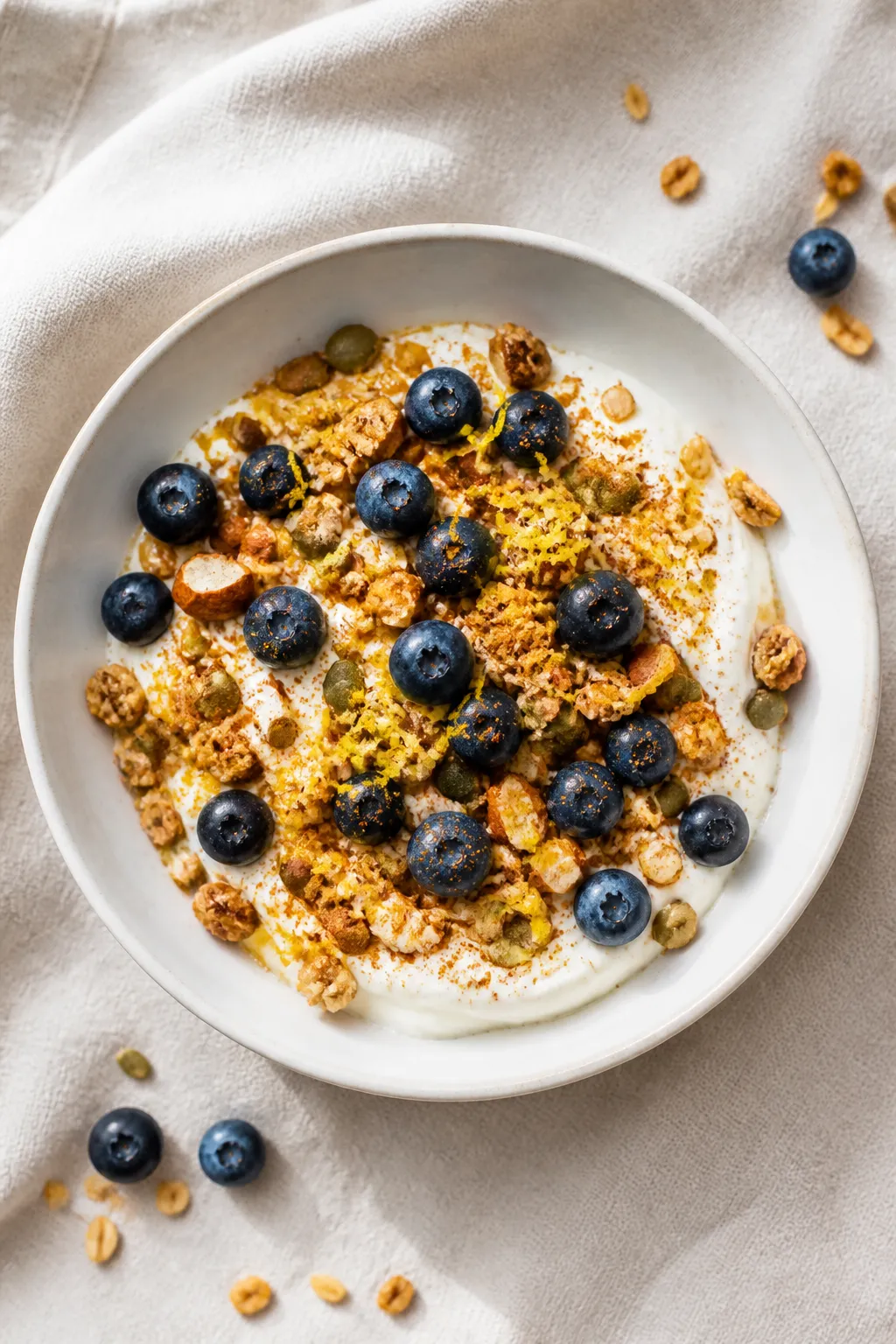 Overhead shot of a fully assembled Greek Yogurt Blueberry Crunch Bowl in a shallow white ceramic bow