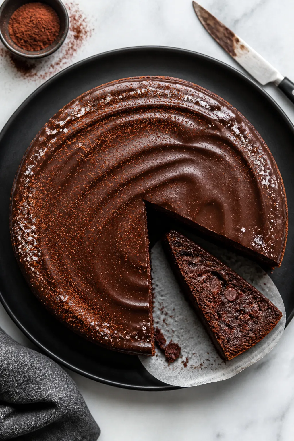 Overhead shot of a fully cooled Keto Chocolate Fudge Cake topped with glossy sugar-free chocolate ga