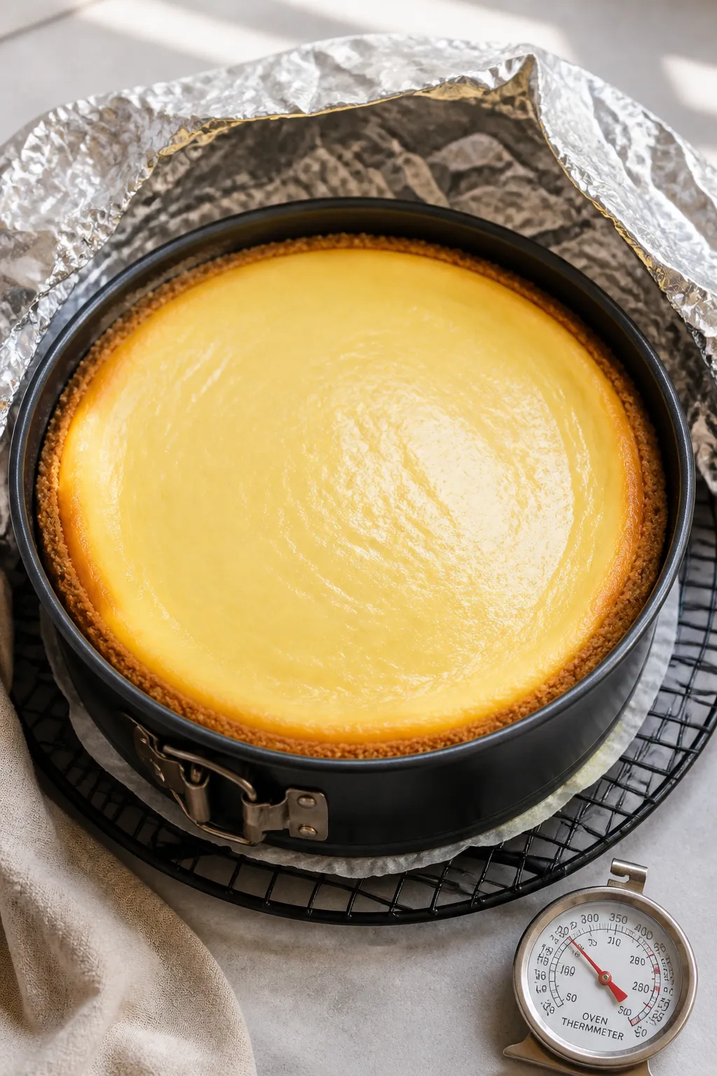 Overhead shot of a just-baked Creamy Lemon Cottage Cheese Cheesecake still in the 9-inch springform 