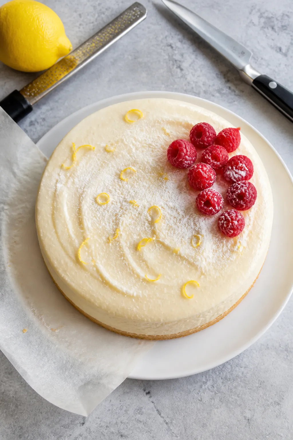 Overhead shot of a low-carb lemon cream fat bomb cheesecake just after release from the springform p
