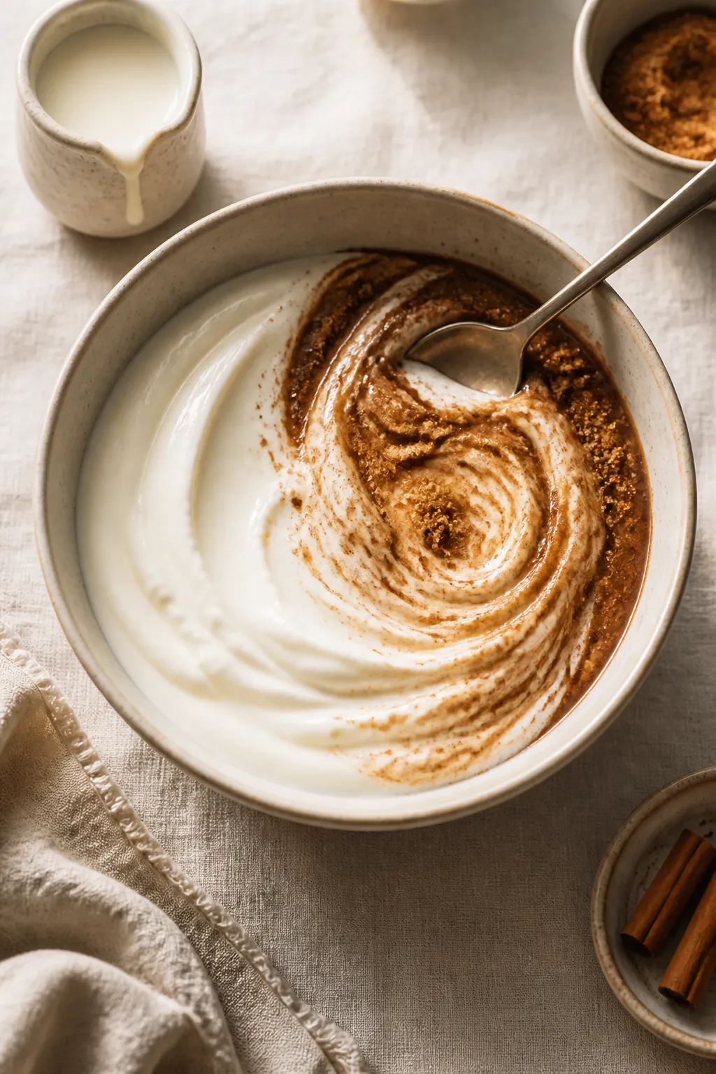 Overhead shot of a prepared Greek Yogurt Cinnamon Roll Bowl mid-assembly: half the bowl layered with