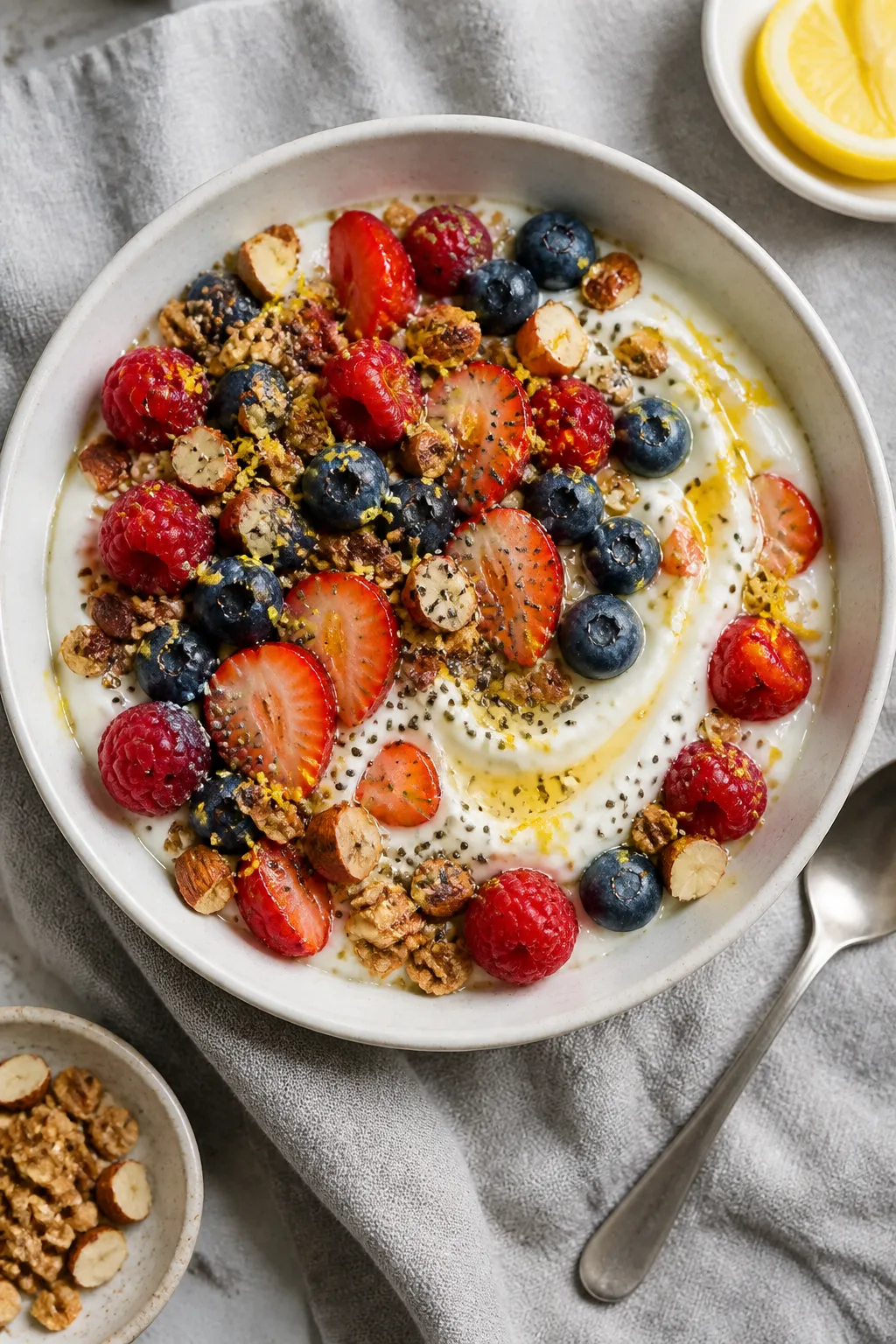 Overhead shot of a prepared High Protein Vanilla Berry Yogurt Bowl just after assembly: creamy vanil