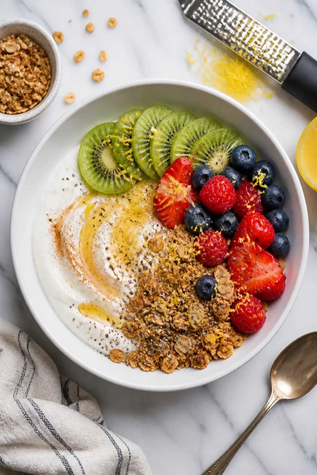 Overhead shot of a prepared Low-Calorie Greek Yogurt Breakfast Bowl in a white ceramic bowl: swirled