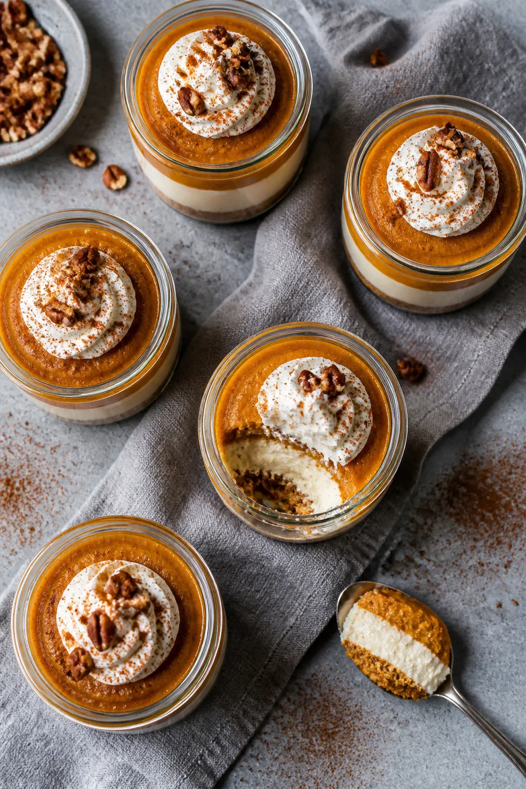 Overhead shot of assembled low-carb pumpkin pie cheesecake jars after chilling: neat layers of crumb