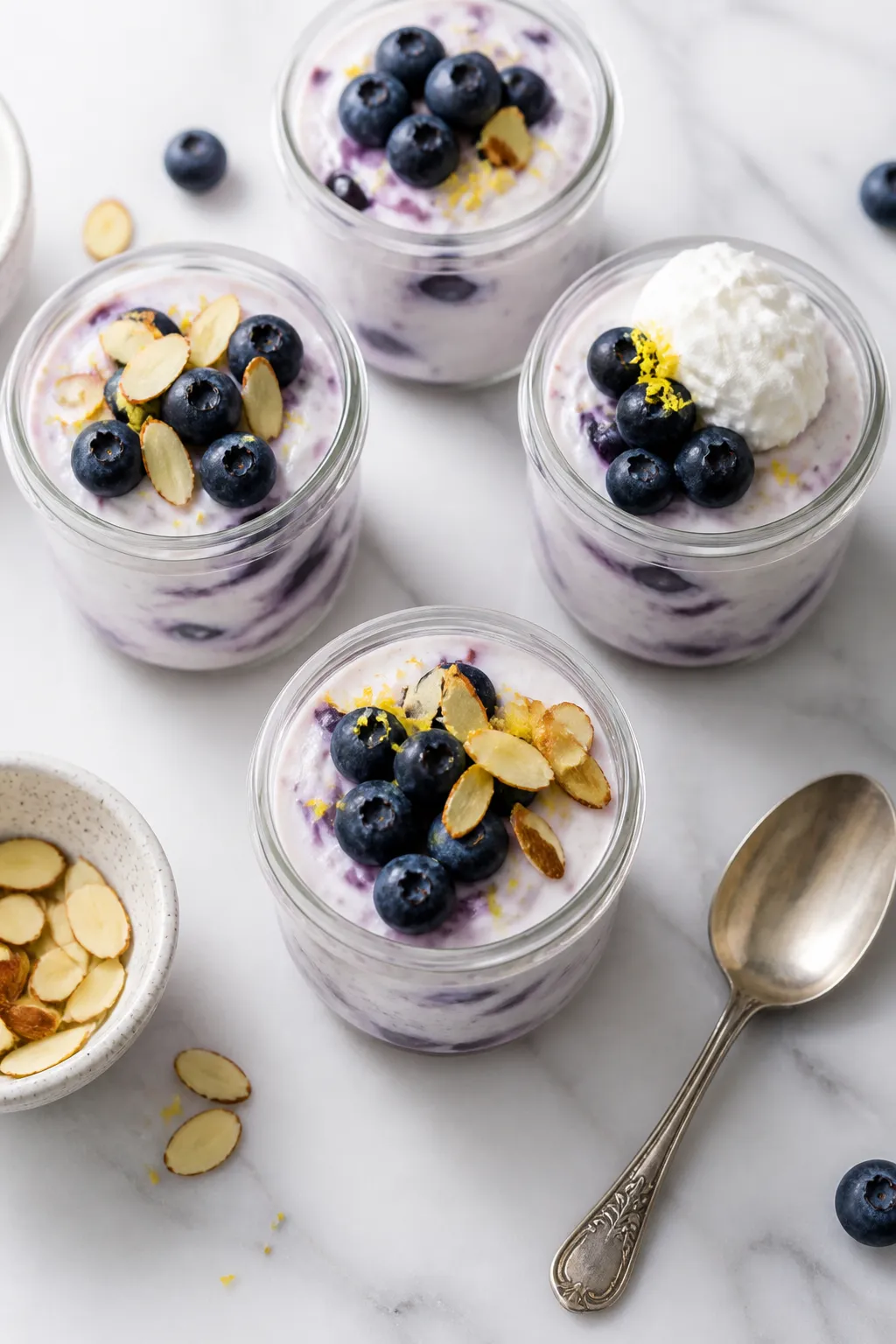 Overhead shot of finished Low Carb Blueberry Cottage Cheese Pudding Cups portioned into small glass 