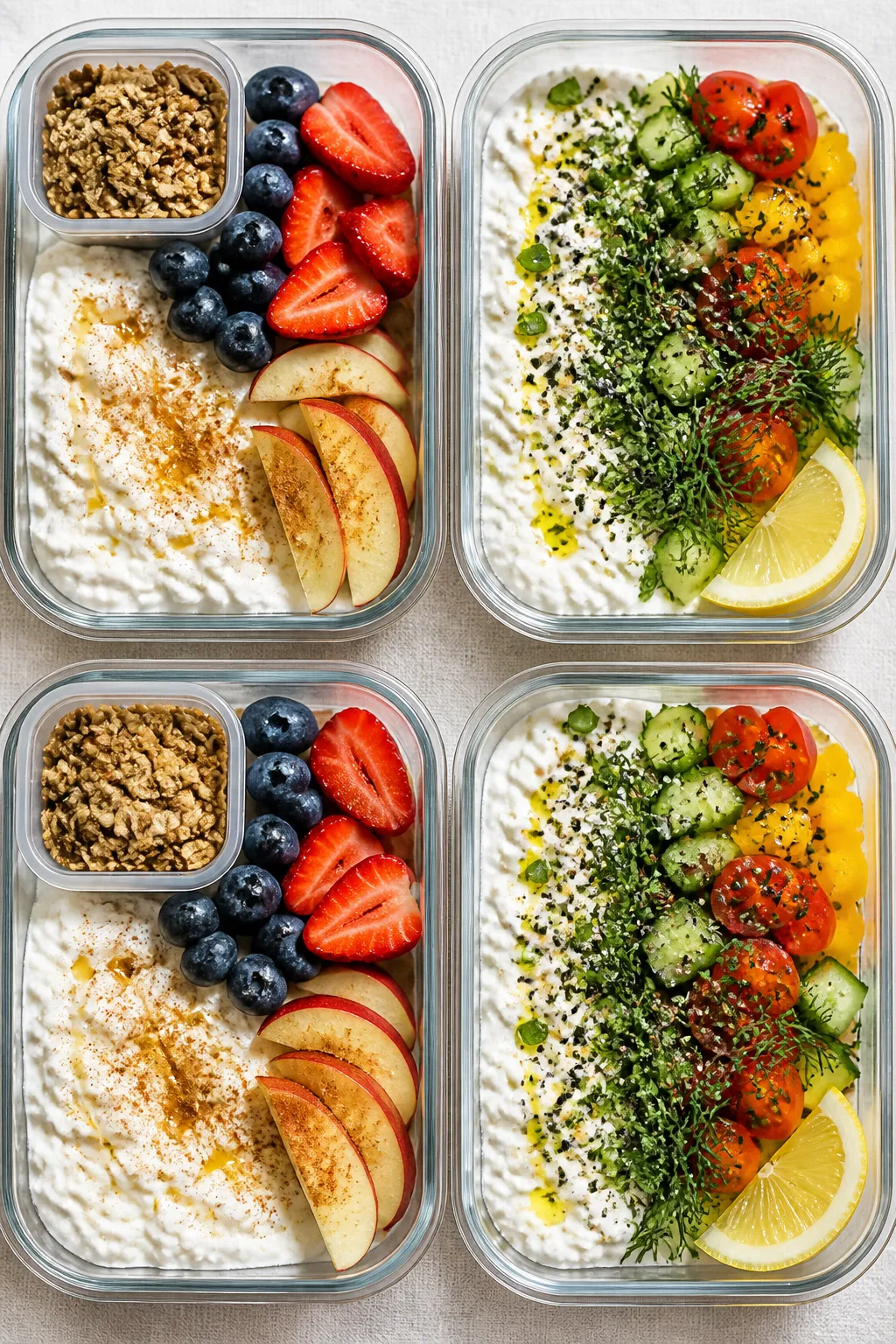 Overhead shot of four assembled cottage cheese meal prep bowls in clear 2–3 cup airtight container