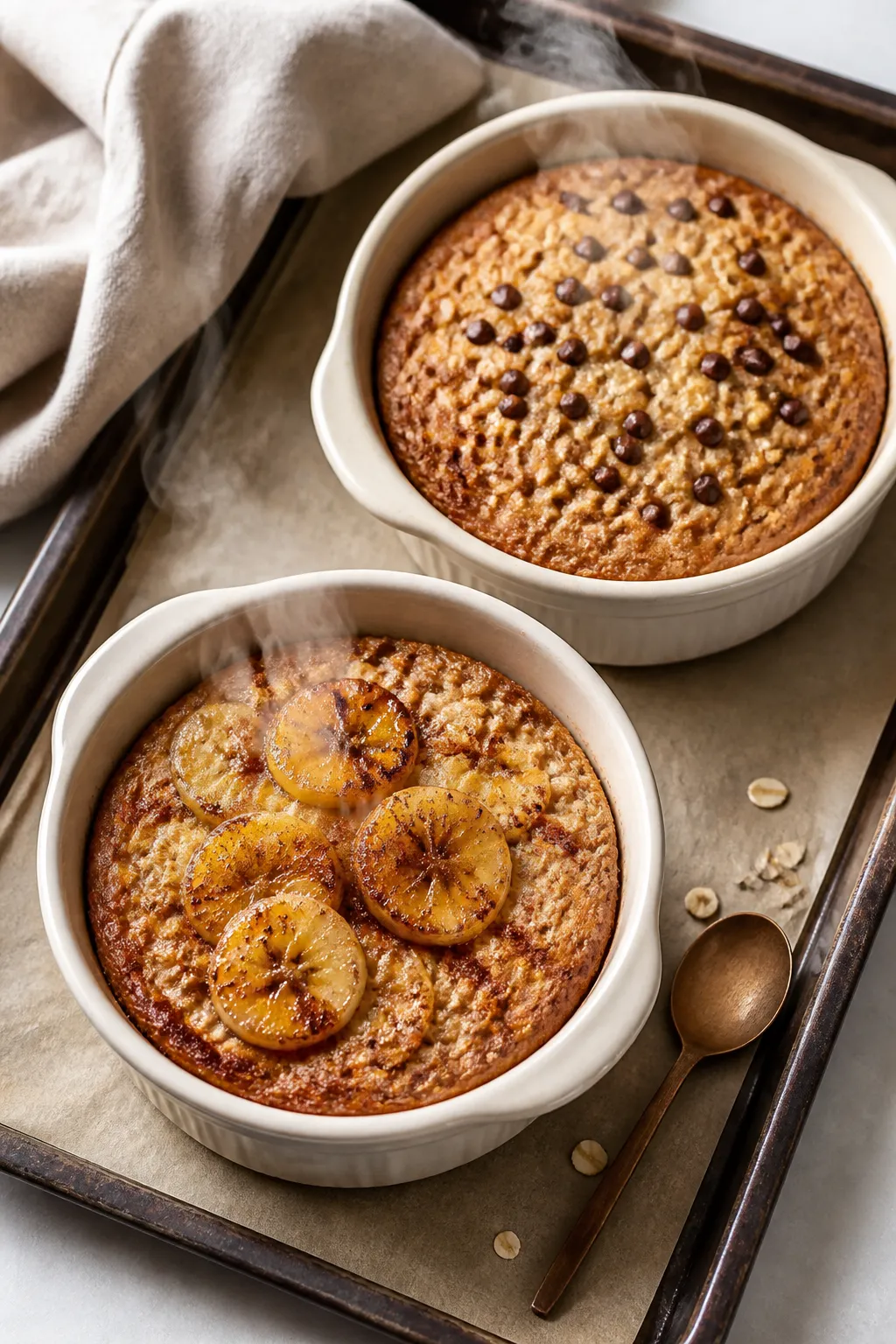 Overhead shot of freshly baked banana bread baked oats in two cream-colored ramekins on a parchment-