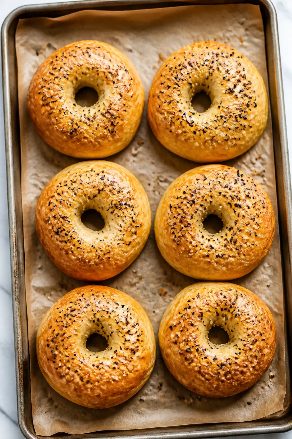 Overhead shot of freshly baked cottage cheese bagels with egg whites on a parchment-lined sheet pan,