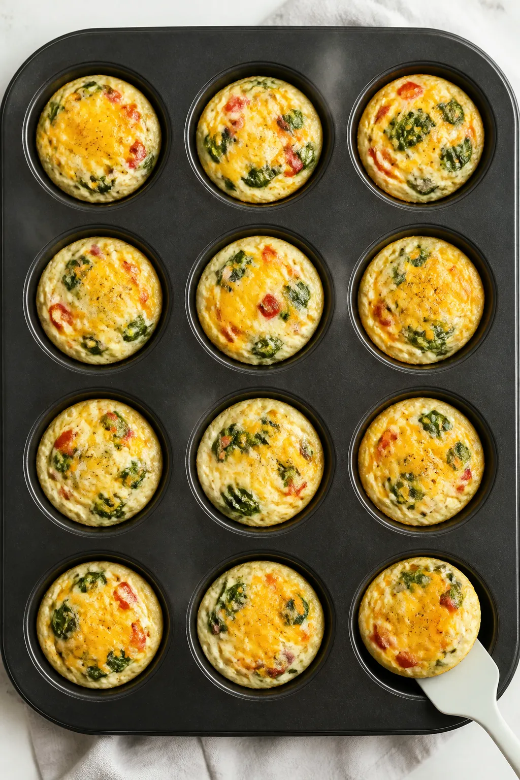 Overhead shot of freshly baked egg white breakfast cups still in a dark nonstick muffin tin, cups se