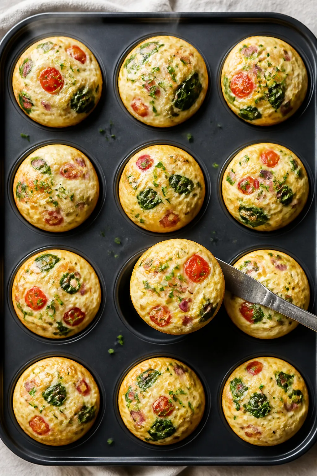 Overhead shot of freshly baked egg white veggie breakfast muffins cooling in a 12-cup muffin tin, to