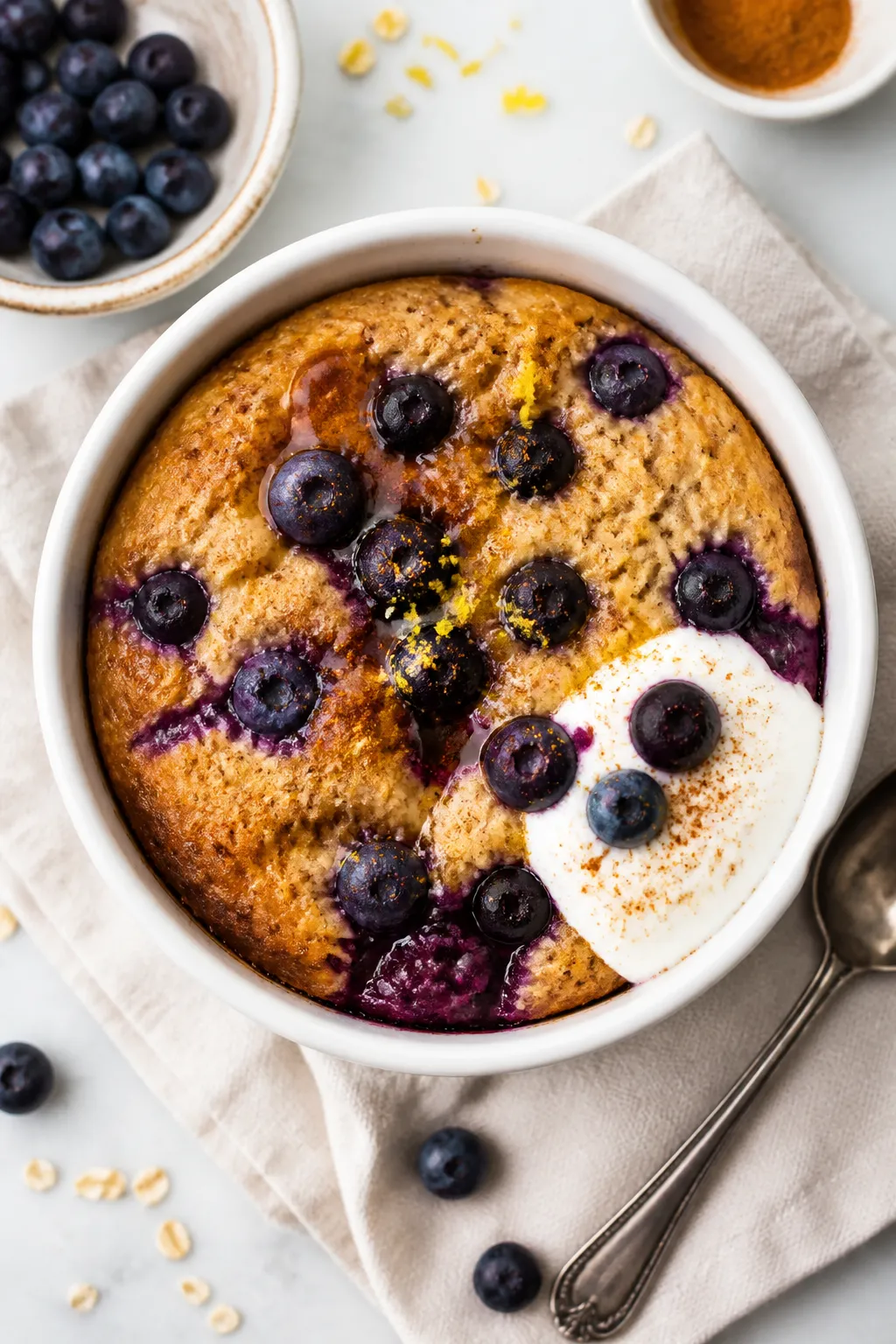 Overhead shot of freshly baked High Protein Blueberry Muffin Baked Oats in a 10–12 oz white rameki