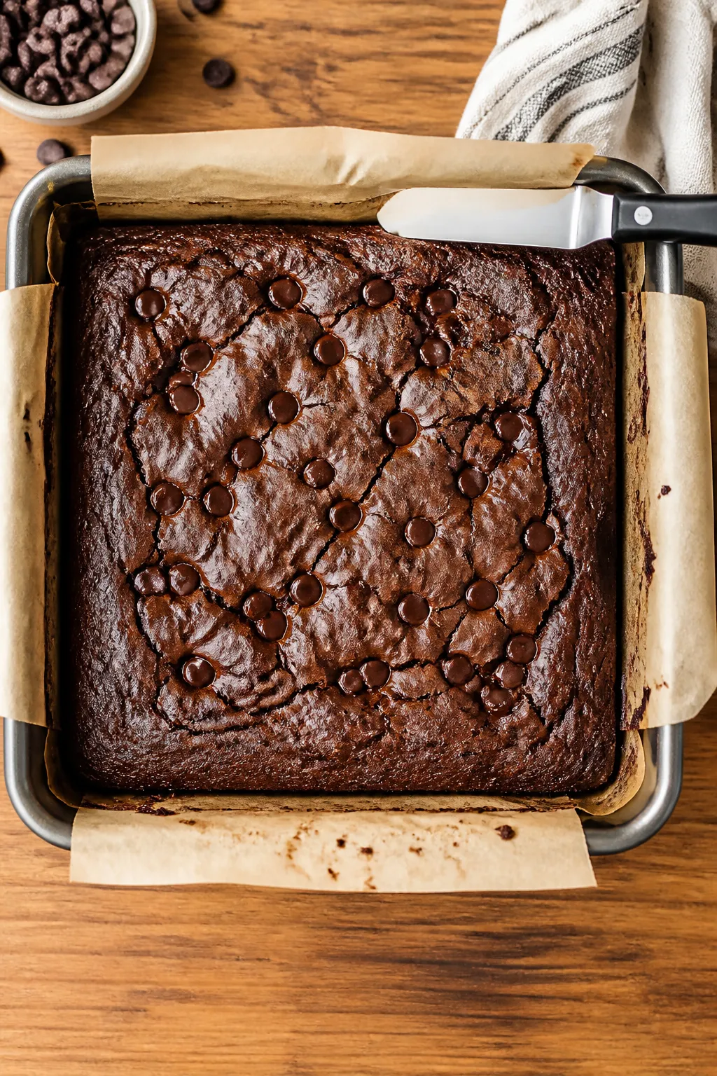 Overhead shot of freshly baked High Protein Breakfast Brownies cooling in an 8x8 pan lined with parc