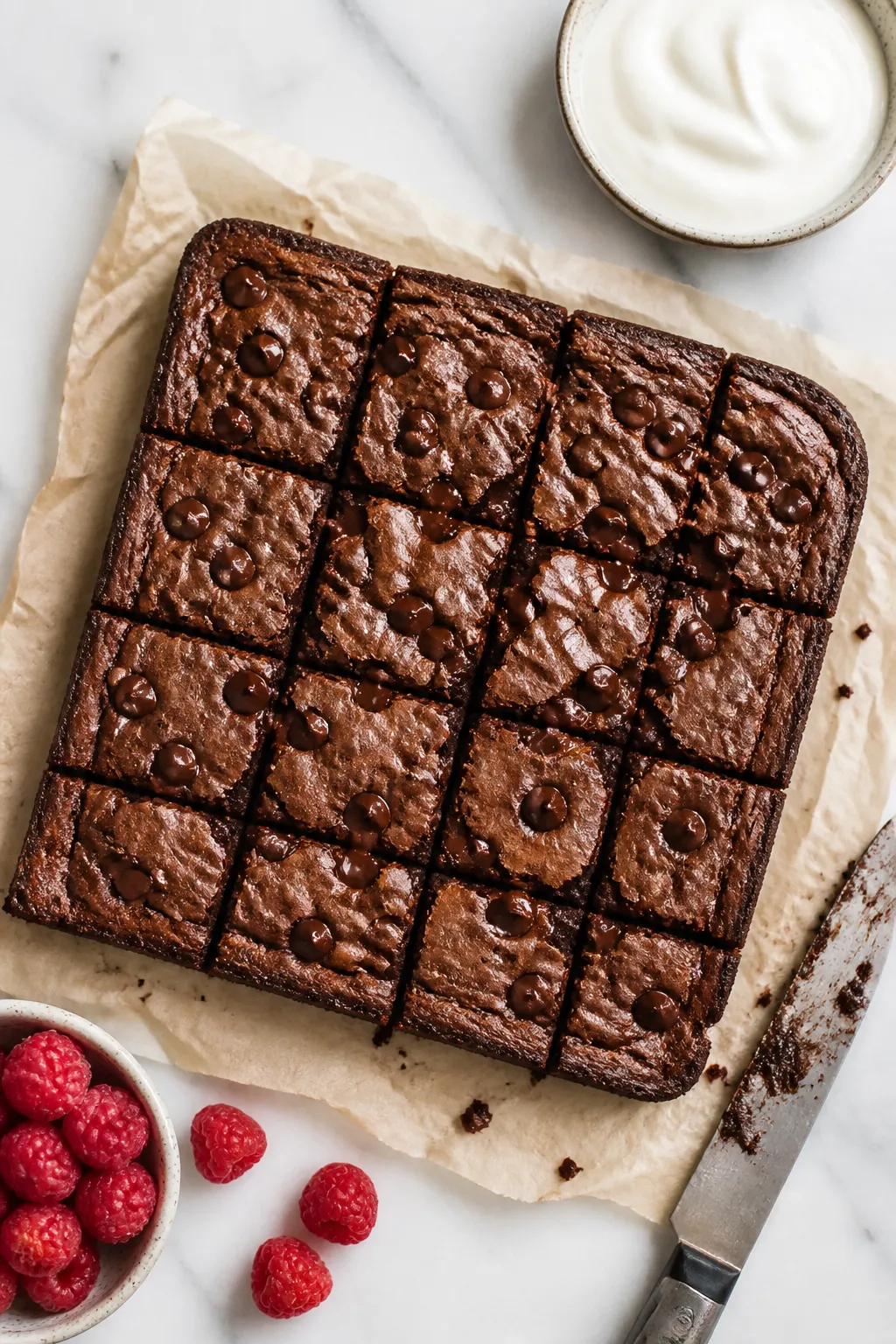 Overhead shot of freshly baked high-protein breakfast brownies just out of an 8x8 pan, lifted on par