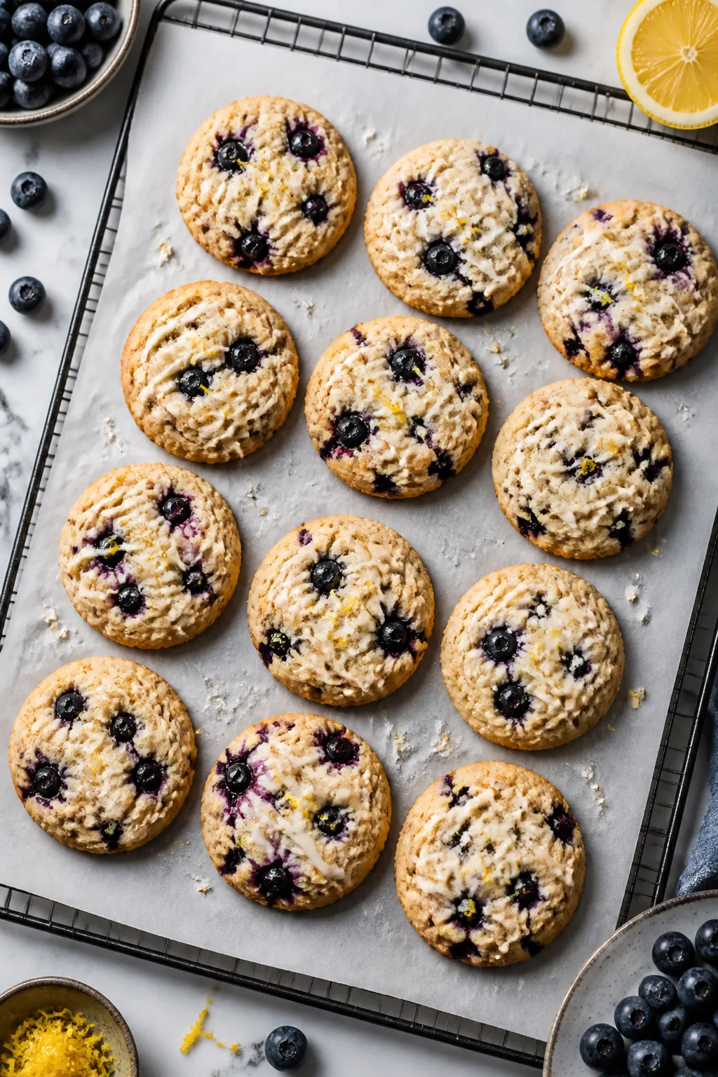 Overhead shot of freshly baked Keto Blueberry Protein Cookies cooling on a parchment-lined sheet, 12
