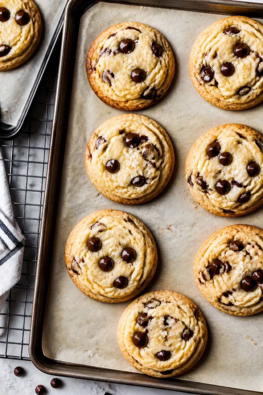 Overhead shot of freshly baked Keto Chocolate Chip Cheesecake Cookies cooling on parchment-lined she