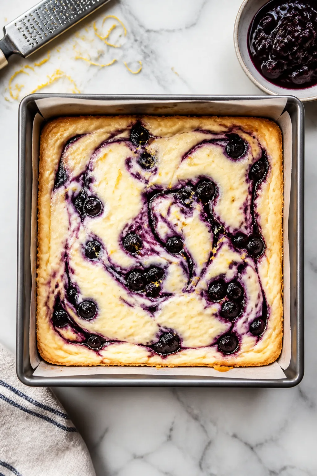 Overhead shot of freshly baked Keto Lemon Blueberry Cheesecake Bars cooling in an 8x8 pan lined with